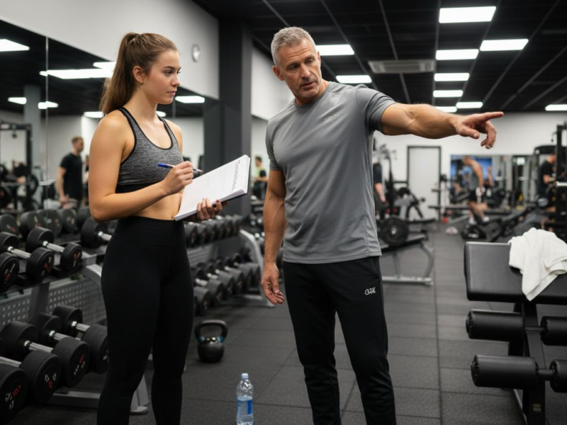 Een beginnende sporter krijgt persoonlijke begeleiding van een coach in de sportschool.