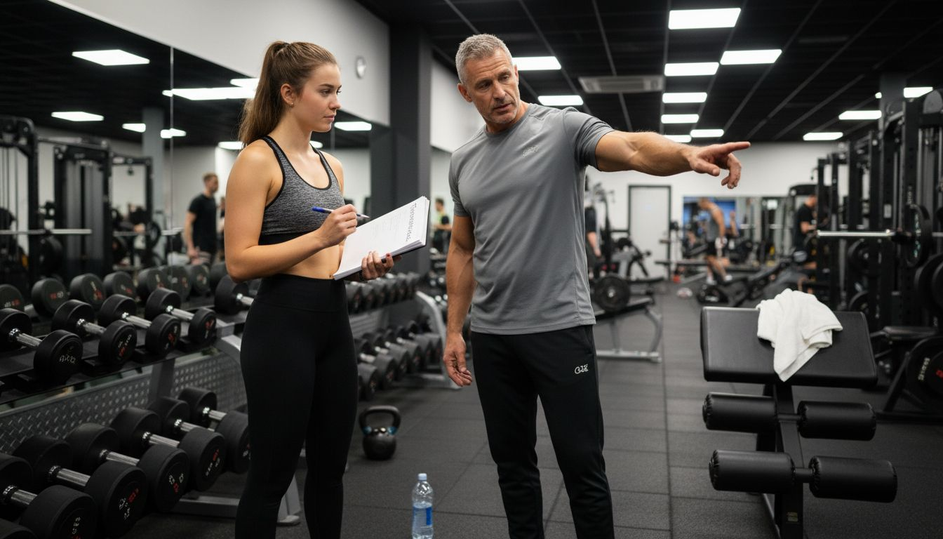 Een beginnende sporter krijgt persoonlijke begeleiding van een coach in de sportschool.