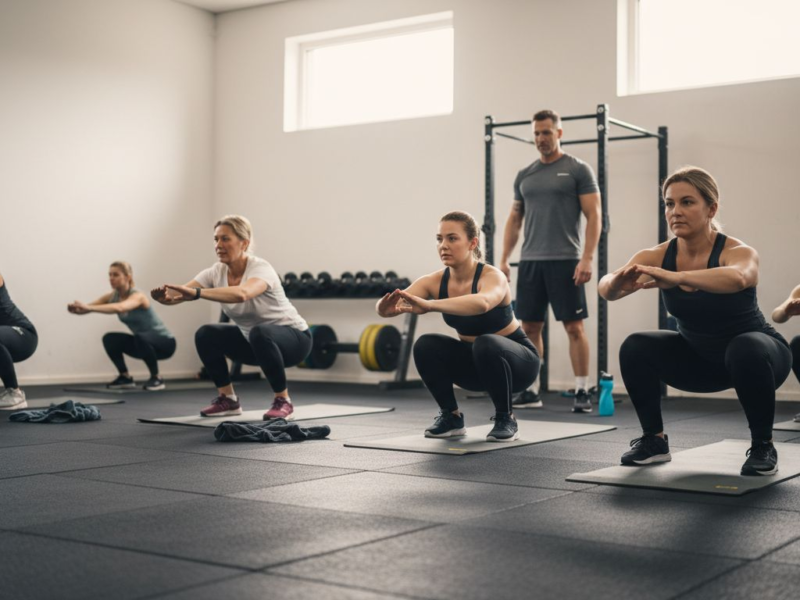 Een groep mensen is samen aan het sporten in de sportschool.