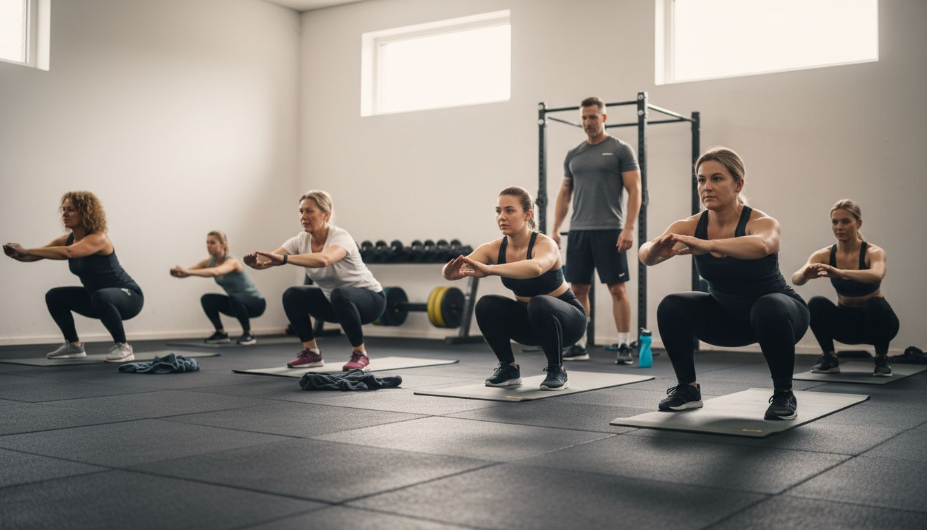 Een groep mensen is samen aan het sporten in de sportschool.