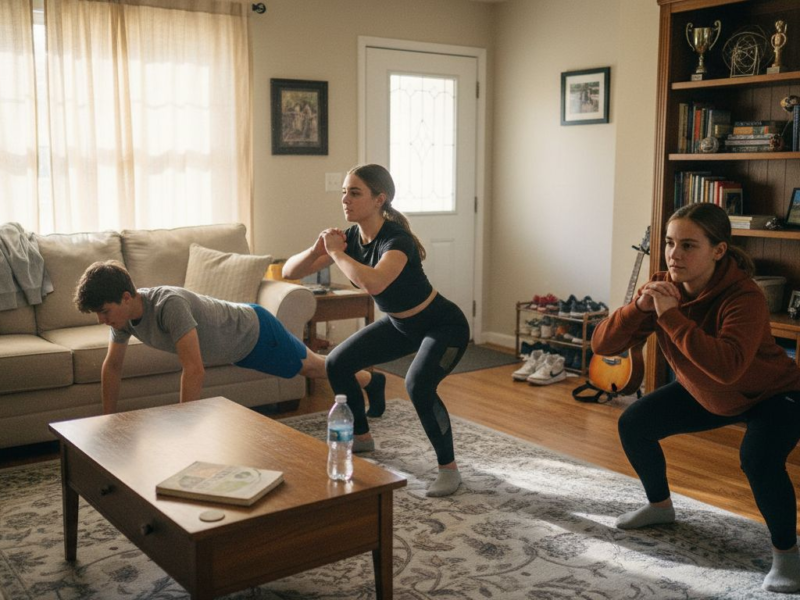 Jongeren die thuis aan fitness doen