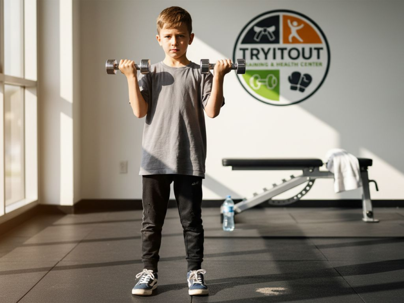 Een jonge tiener is bezig met krachttraining en gebruikt daarvoor lichte gewichten.