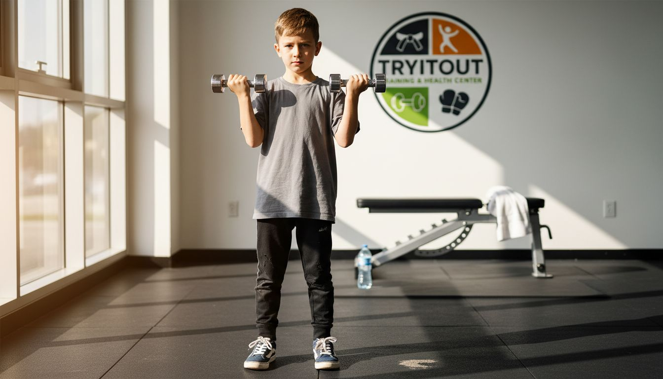 Een jonge tiener is bezig met krachttraining en gebruikt daarvoor lichte gewichten.