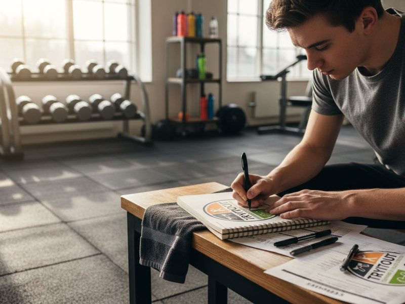 Een jonge sporter stelt zijn eigen trainingsschema op in de sportschool.