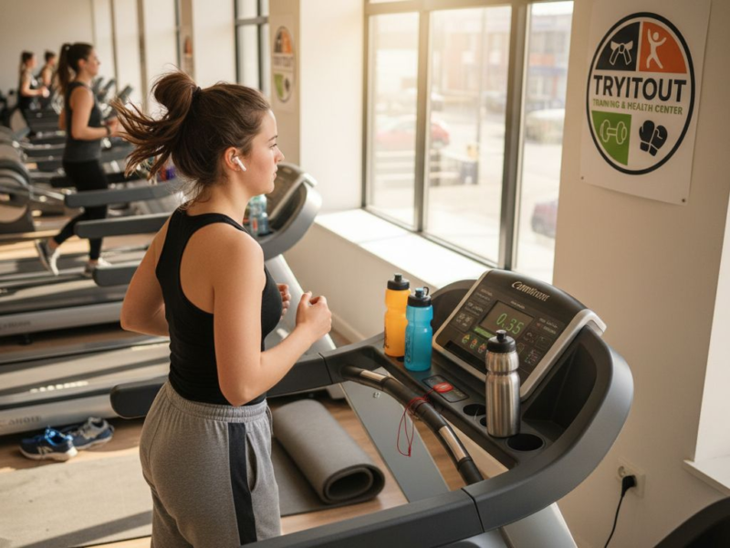 Een vrouw is aan het hardlopen op een loopband in de sportschool.