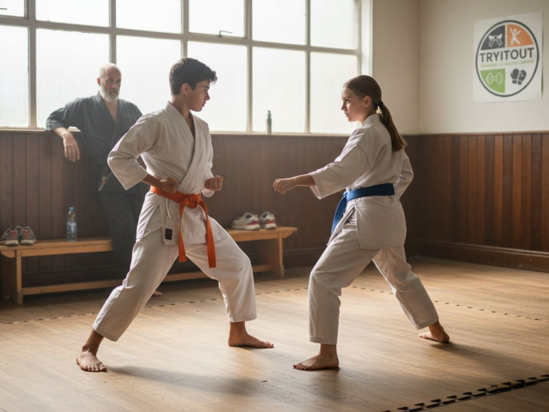 Jonge karateka’s oefenen de basistechnieken in de dojo.