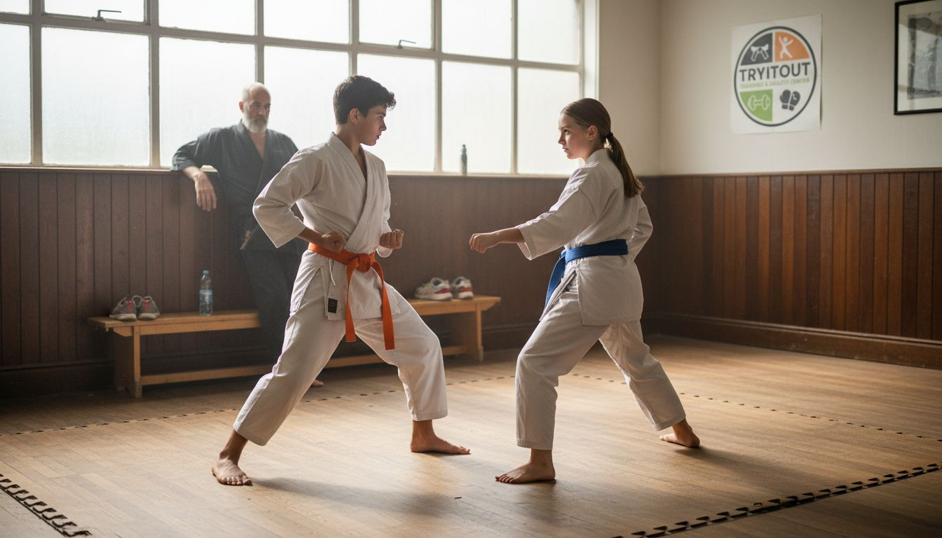 Jonge karateka’s oefenen de basistechnieken in de dojo.