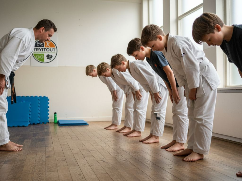 In de dojo begroeten jongeren hun karate-leraar met een buiging.