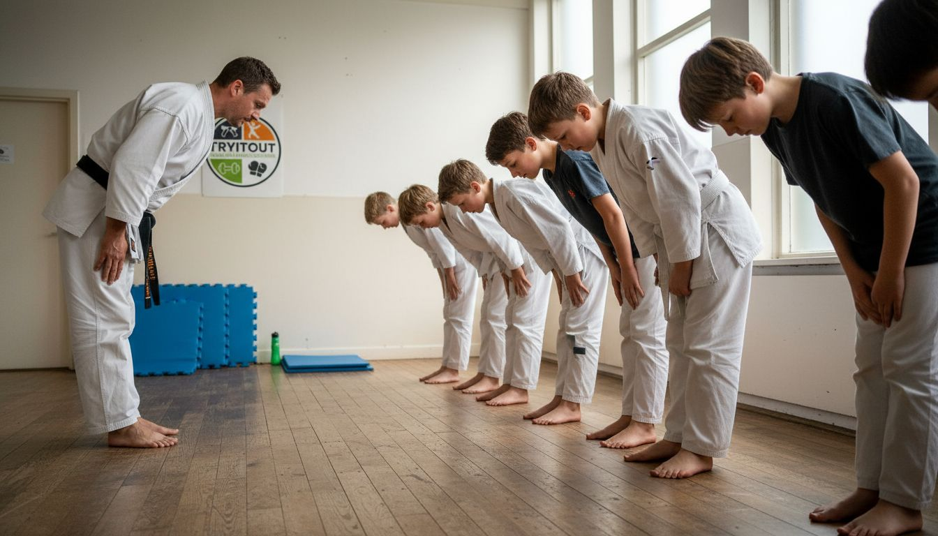 In de dojo begroeten jongeren hun karate-leraar met een buiging.
