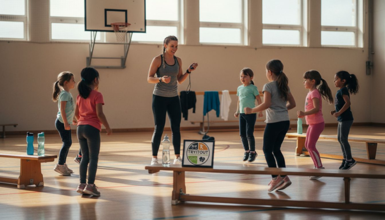 In de gymzaal geeft een sportdocent les aan een groep kinderen.