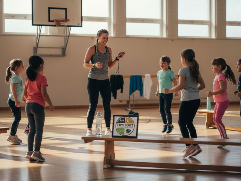 In de gymzaal geeft een sportdocent les aan een groep kinderen.