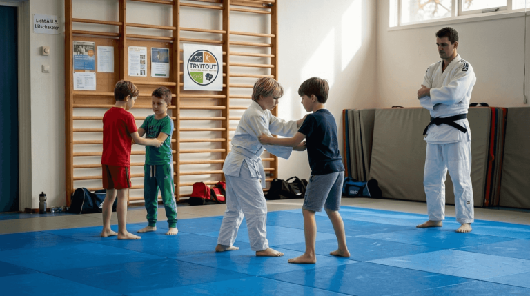 Op de blauwe judomat zijn kinderen fanatiek aan het trainen.