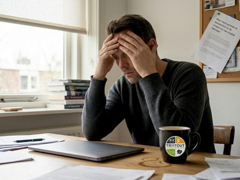 Thuis zit een ondernemer verdiept in gedachten achter zijn laptop.