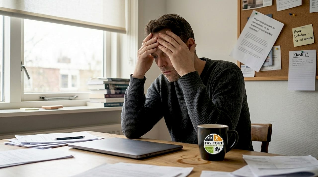 Thuis zit een ondernemer verdiept in gedachten achter zijn laptop.