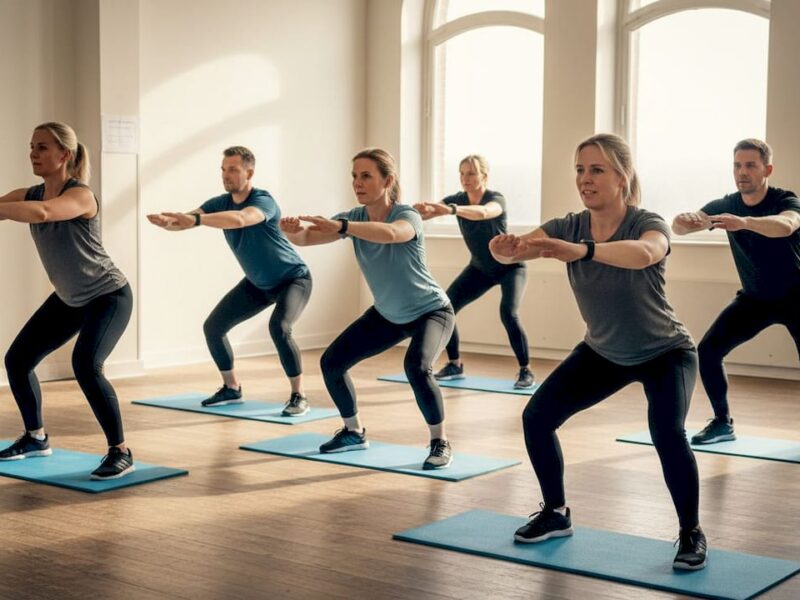 Volwassenen die enthousiast meedoen aan een energieke groepsles in de sportschool.