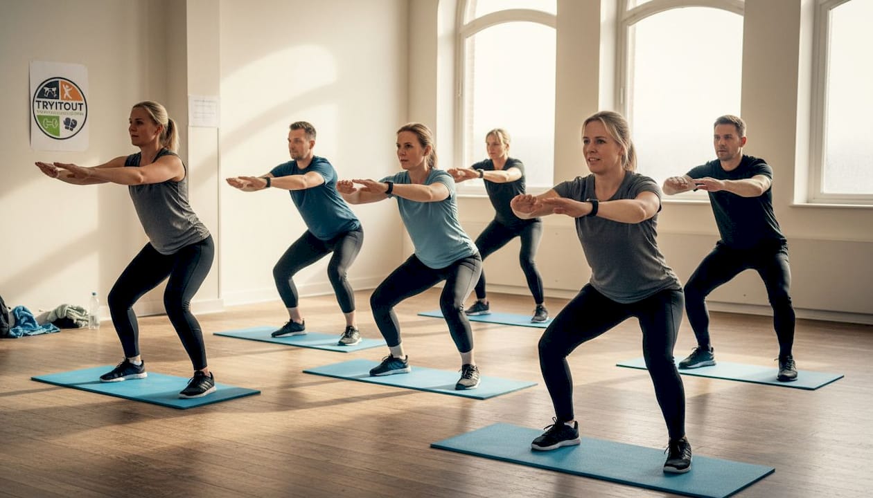 Volwassenen die enthousiast meedoen aan een energieke groepsles in de sportschool.