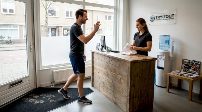 Je loopt een middelgrote sportschool binnen, waar je meteen wordt begroet bij de receptie.