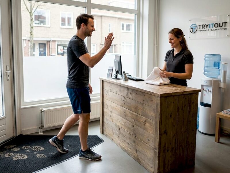 Je loopt een middelgrote sportschool binnen, waar je meteen wordt begroet bij de receptie.
