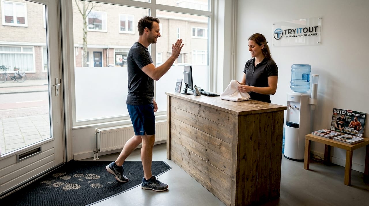 Je loopt een middelgrote sportschool binnen, waar je meteen wordt begroet bij de receptie.