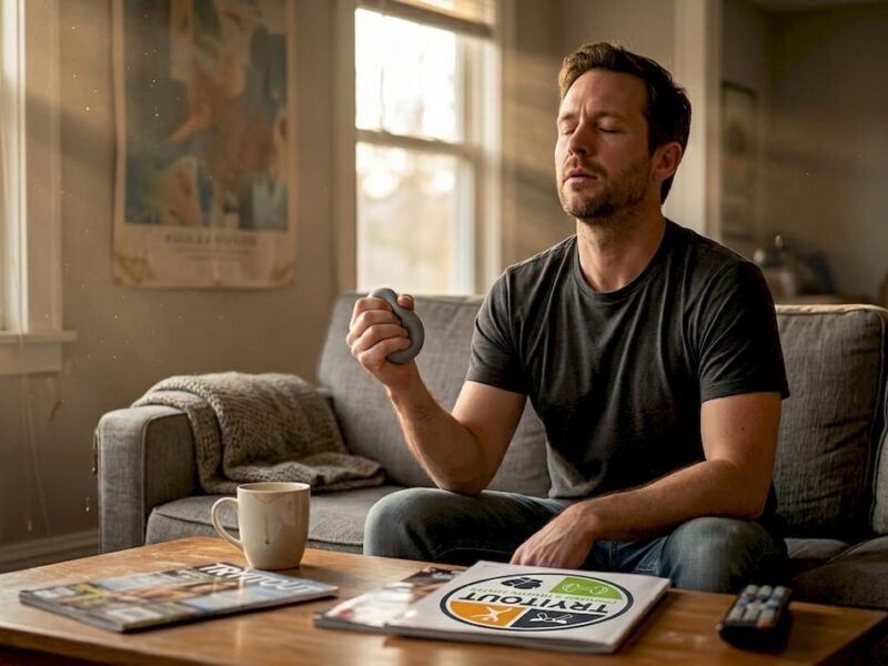 Een man zit ontspannen in zijn woonkamer en probeert zijn stress onder controle te houden.