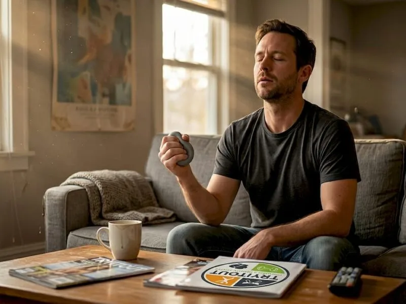 Een man zit ontspannen in zijn woonkamer en probeert zijn stress onder controle te houden.