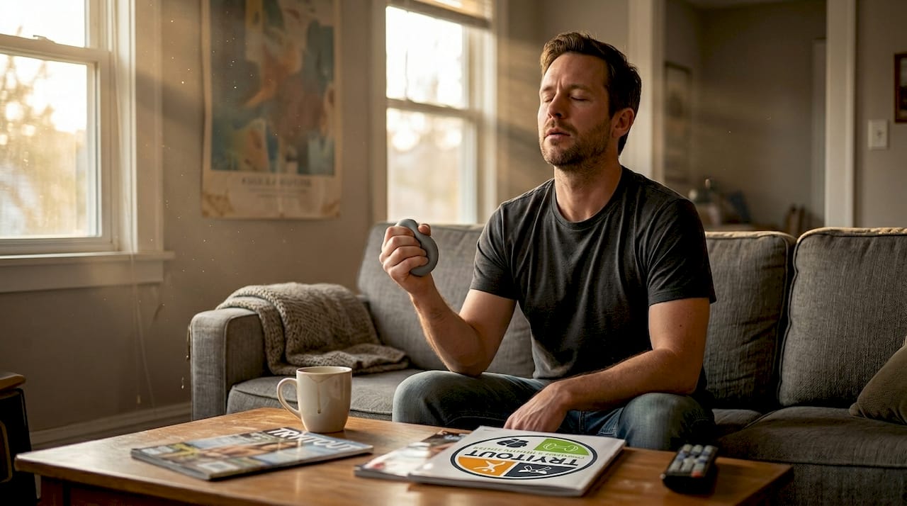 Een man zit ontspannen in zijn woonkamer en probeert zijn stress onder controle te houden.