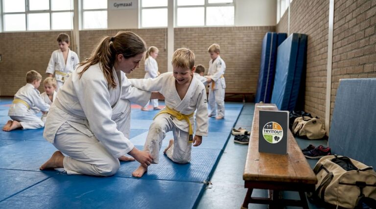 In de sportzaal zijn kinderen enthousiast bezig met judotraining onder begeleiding van hun trainer.