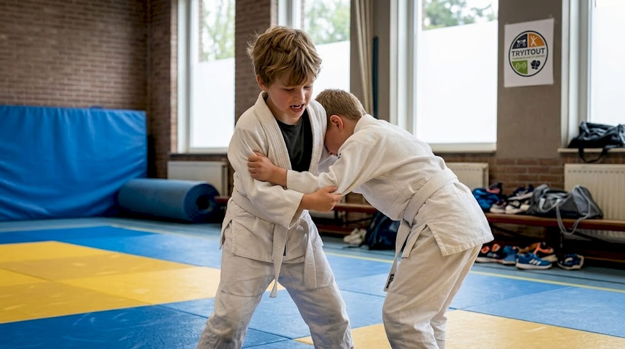 In de gymzaal werken kinderen enthousiast aan het verbeteren van hun judotechnieken.