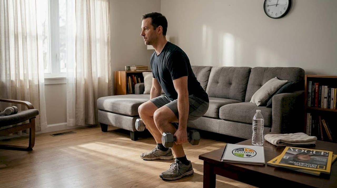 Man van begin dertig doet krachttraining in zijn eigen woonkamer