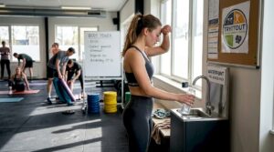 Na afloop van de Body Power groepsles vult een vrouw haar drinkfles bij.