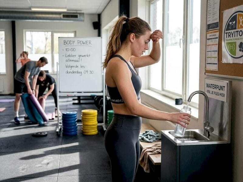 Na afloop van de Body Power groepsles vult een vrouw haar drinkfles bij.