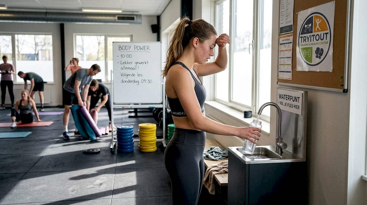 Na afloop van de Body Power groepsles vult een vrouw haar drinkfles bij.
