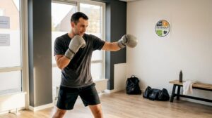 Een kickbokser oefent zijn schaduwboksvaardigheden in de sportschool.