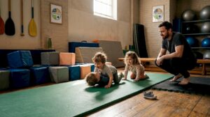 Kleintjes doen samen spelletjes op de mat in de gymzaal