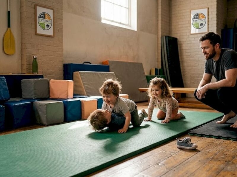 Kleintjes doen samen spelletjes op de mat in de gymzaal