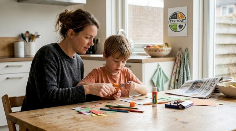Een moeder zit samen met haar zoon aan de keukentafel; een gezellig, alledaags tafereel in huis.