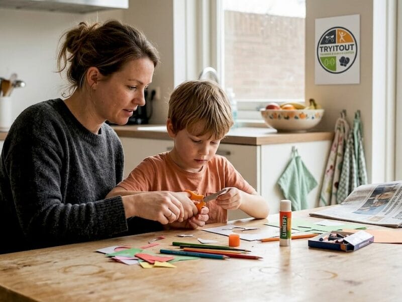 Een moeder zit samen met haar zoon aan de keukentafel; een gezellig, alledaags tafereel in huis.