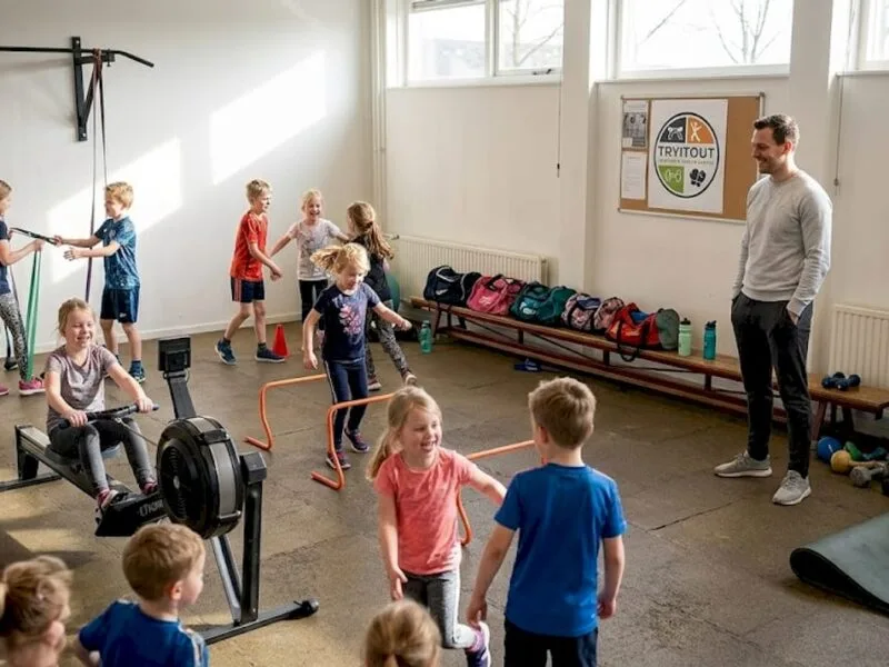 Een sportinstructeur geeft training aan een grote groep kinderen in de gymzaal.