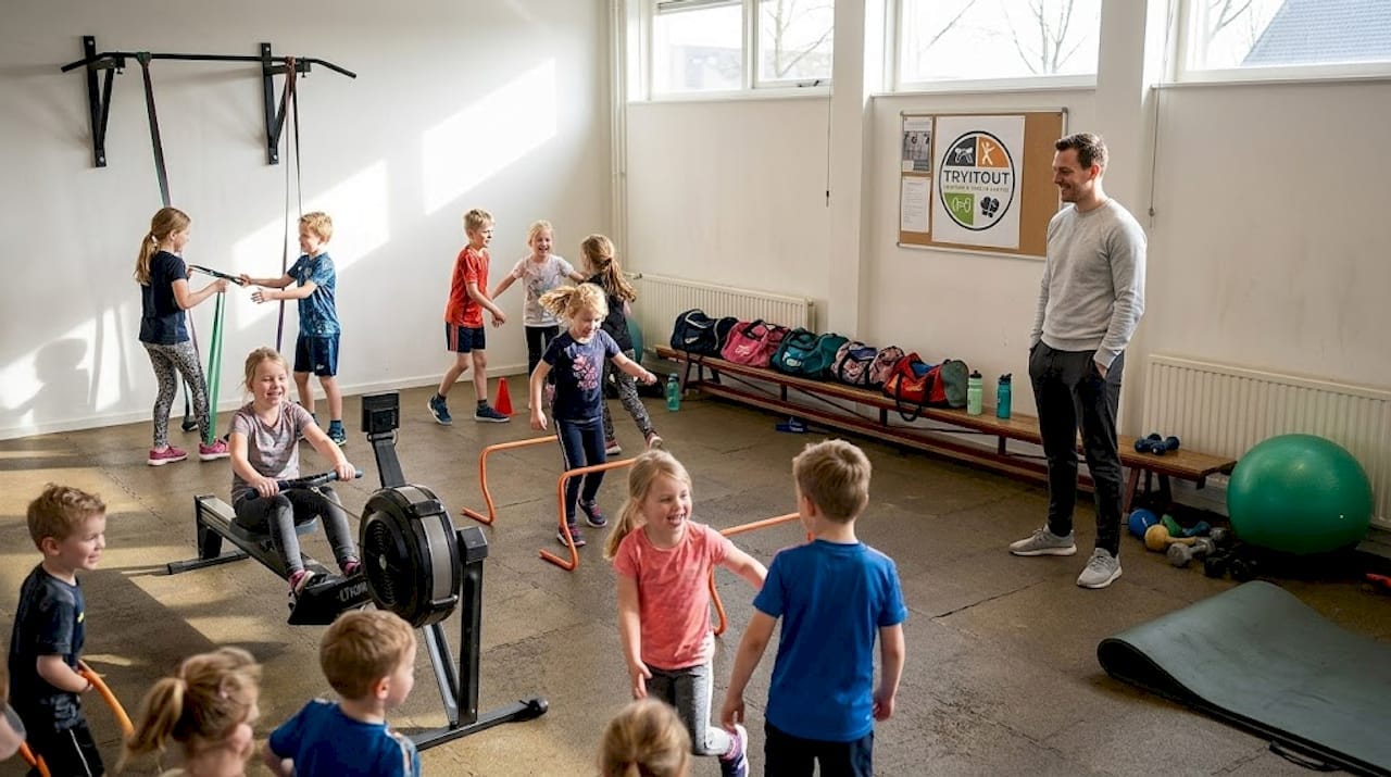 Een sportinstructeur geeft training aan een grote groep kinderen in de gymzaal.