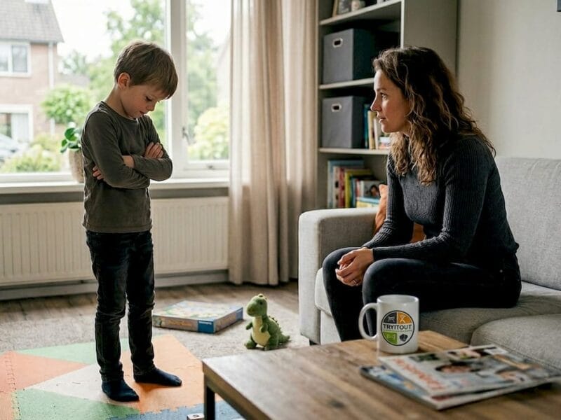 Een moeder probeert haar boze kind tot rust te brengen in de woonkamer.