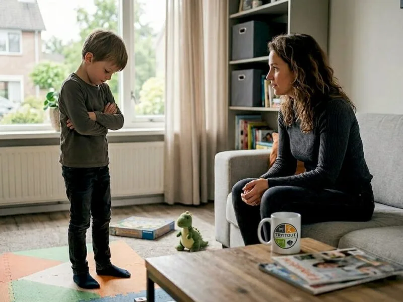 Een moeder probeert haar boze kind tot rust te brengen in de woonkamer.