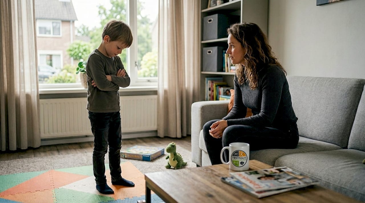Een moeder probeert haar boze kind tot rust te brengen in de woonkamer.