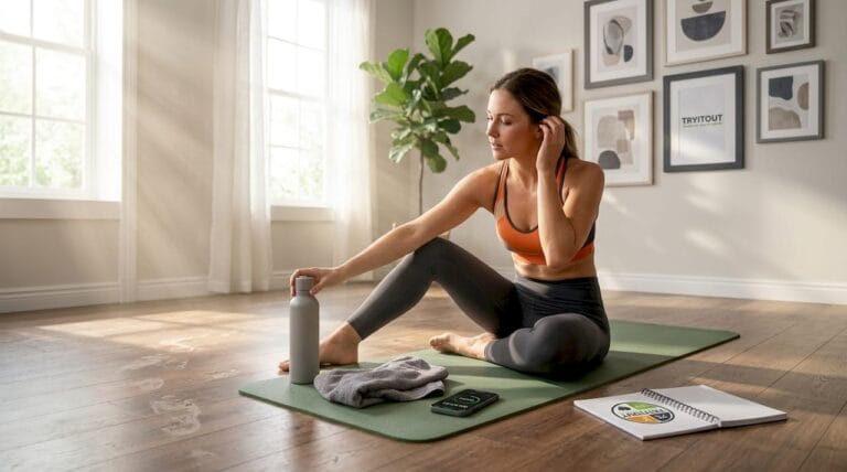 Een vrouw doet haar workout en komt tot rust in de woonkamer.