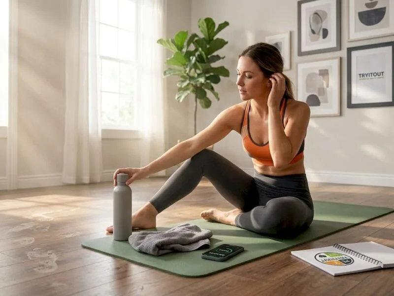 Een vrouw doet haar workout en komt tot rust in de woonkamer.