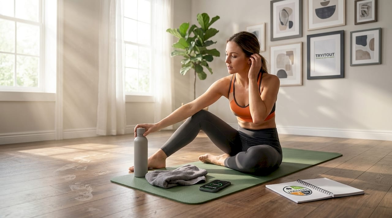 Een vrouw doet haar workout en komt tot rust in de woonkamer.