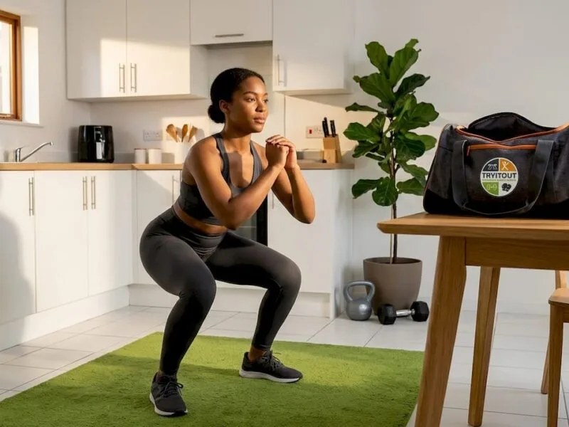 Een vrouw doet haar squats als onderdeel van haar fitnessroutine gewoon in de woonkamer.