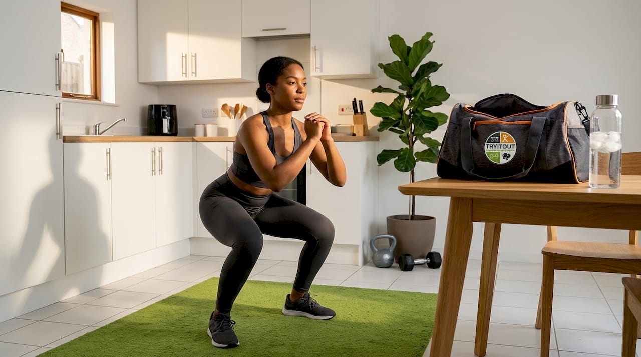 Een vrouw doet haar squats als onderdeel van haar fitnessroutine gewoon in de woonkamer.