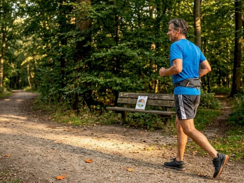 Een man maakt een hardlooprondje door het stadspark terwijl de zon langzaam ondergaat.