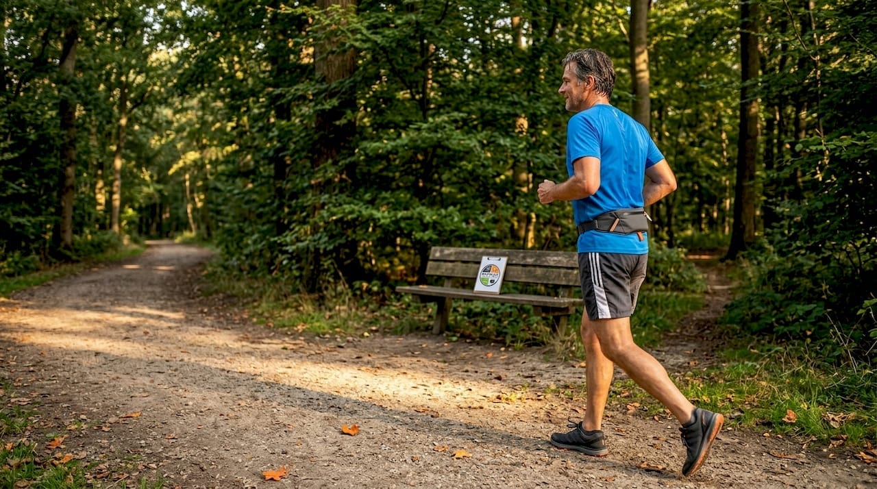 Een man maakt een hardlooprondje door het stadspark terwijl de zon langzaam ondergaat.