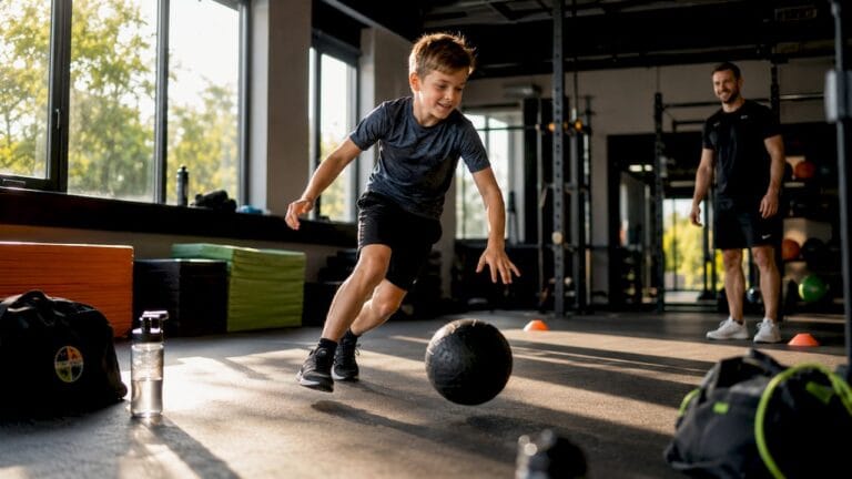 Een jongen is fanatiek aan het sporten in de gymzaal.